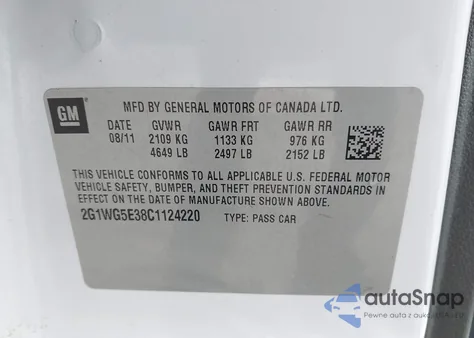 2012 Chevrolet Impala Lt from USA, damaged, VIN 2G1WG5E38C1124220